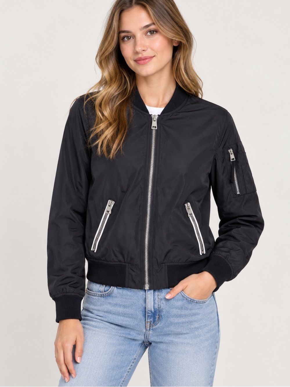 Levi’s Black Bomber Jacket Silver Zip Accents Size Small